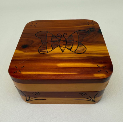 Wooden Hinged Box Butterfly Design Hand Crafted Maine State Prison 5x4.75x2.5''