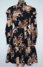 SHEIN BLACK ORANGE FLORAL HIGH NECK TEA DRESS SIZE 1XL 18 TIE WAIST