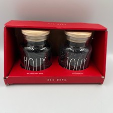 Rae Dunn PONYTAIL HOLDERS  BOBBY PINS Glass Jars Holiday Gift Set Wood Lids