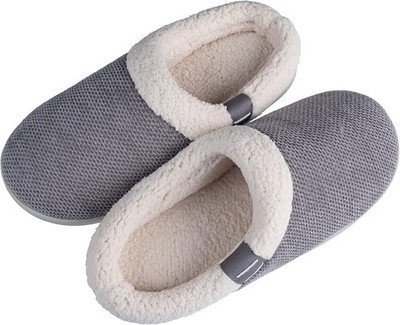Damen Memory Foam Hausschuhe - Plüschkragen Strick Baumwolle Gr. UK 3-4 grau