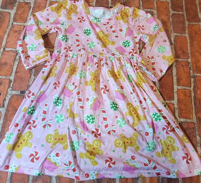 Girls Pink Christmas Dress Twirl Sz 4 Gingerbread Candy Canes Cupcakes