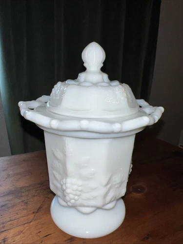 Vintage Westmoreland Paneled Grape Milk Glass Spooner with Lid Open Lace