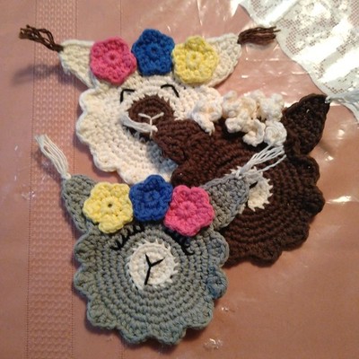 New Country Crochet Coasters Set Of 3 Llama Face W/ Flowers Cotton Handmade 5''