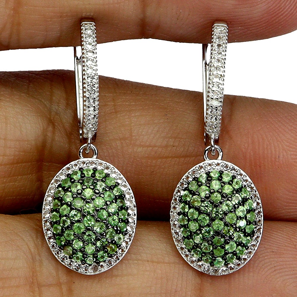 925 Sterling Silver Earrings Tsavorite Garnet Round Diamond Cut Topaz Gemstone