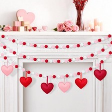 3Pcs Valentines Day Decorations Heart Felt Banner, 9.8FT Red Pink Heart Pom B...