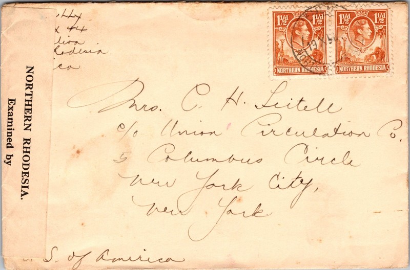 1942 Mufulira Northern Rhodesia Examined Cover to New York City NY USA