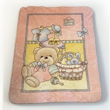 Pink Bear Plush Baby Blanket Pink Yellow Pastel Bear Bunny In Basket VINTAGE P