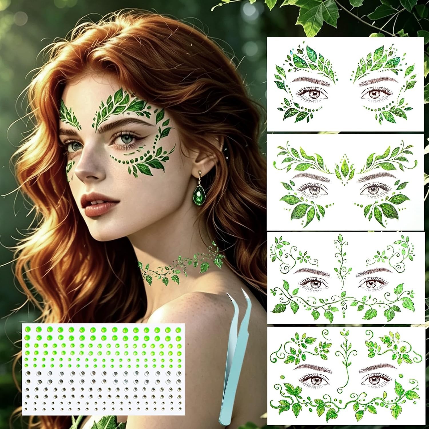 NOOEPC Glitter Leaf Face Temporary Tattoos with Green Face Gems - second product detail image