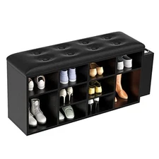  Shoe Bench, Ten Cubbies Storage Entryway Bench with PU Leather, Cubby Black