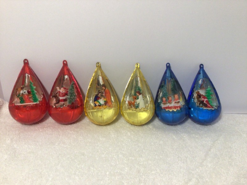 Vintage Jewel Brite 6 teardrop  Diorama Christmas Ornaments