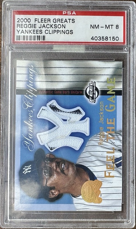 REGGIE JACKSON 2000 FLEER GREATS YANKEES CLIPPINGS GAME USED WORN PATCH PSA 8