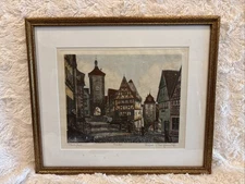 Rothenburg Ernst Geissendorfer Colored Etching Print, Signed, Framed, 17" x 15"