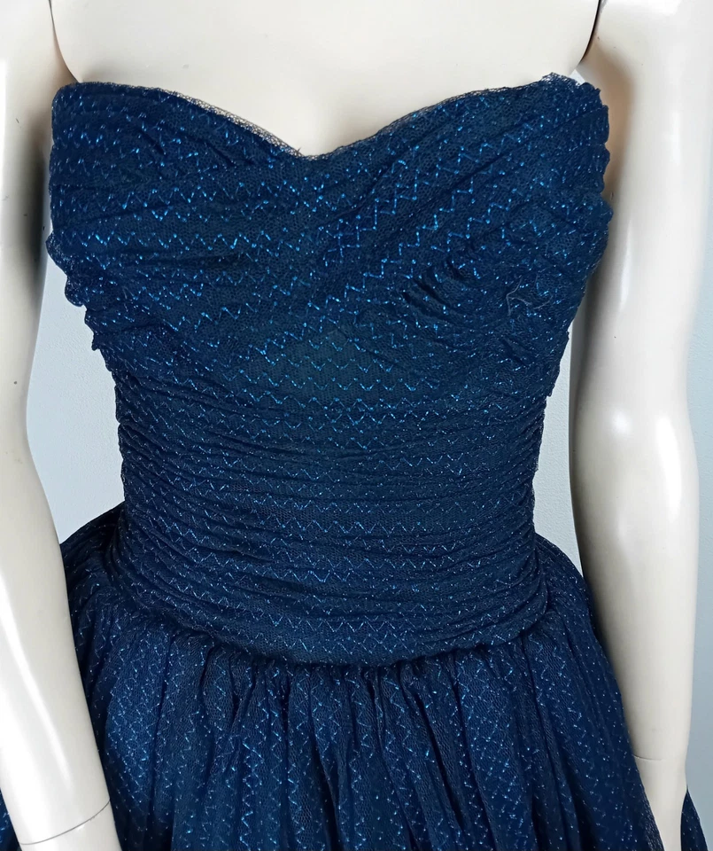 Vintage 1950s Black & Blue Strapless Full Skirt Lace Evening Ballgown Dress XS S - Image 3 of 4