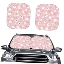 Print Windshield Sun Shade Foldable 2pcs Car Front Window White Daisy Pink