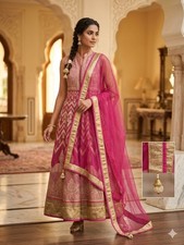 Boutique Heavy Art Silk Anarkali Gown with Potli Buttons and Dupatta