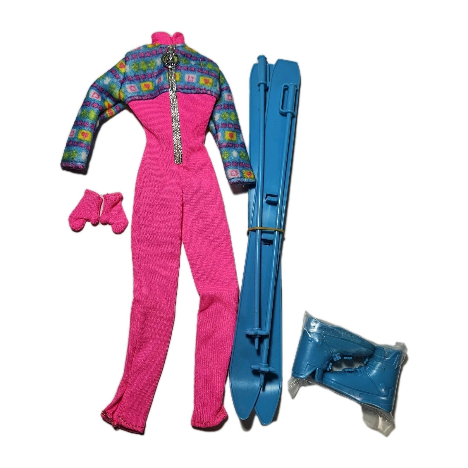 Conjunto Completo de Traje de Esquí Barbie Vintage Traje Rosa Azul Esquís Años 90 Botas Mitones Nuevo