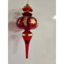 Hand Blown Christmas Tree Ornament Ruby Red Glass Icicle Gold Leaf 8"L