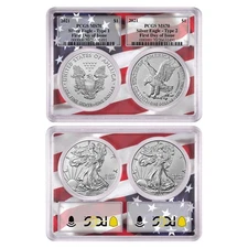 2021 $1 T-1 &T-2 Silver Eagle Set PCGS MS70 FDOI Flag Frame