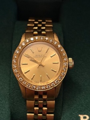 Rolex Vtg Oyster Perpetual Solid 18K Gold & Diamond Bezel Wristwatch 26mm