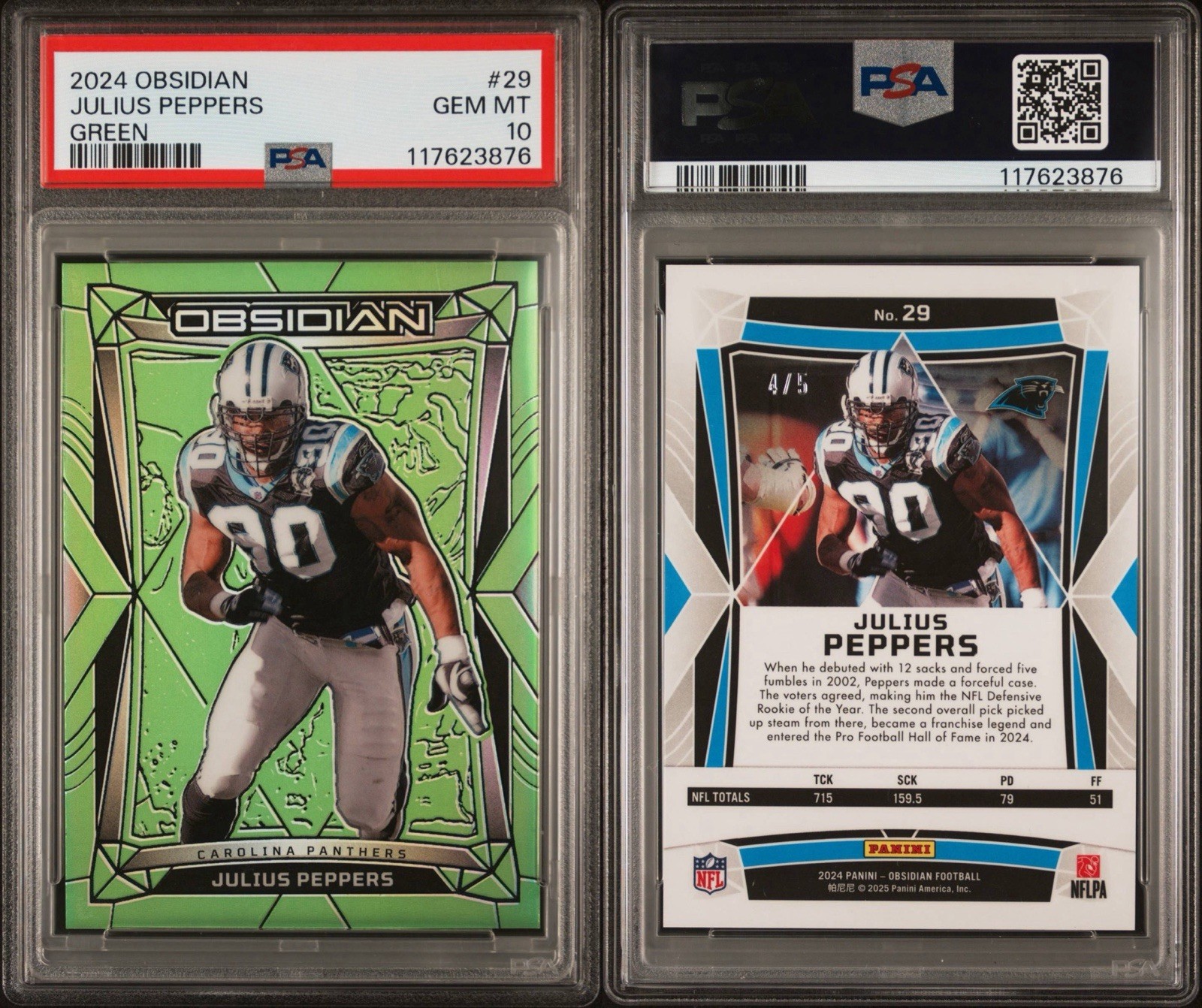 2024 Panini Obsidian - Julius Peppers #29 Green Prizm /5 Psa 10 Panthers HOF view 3