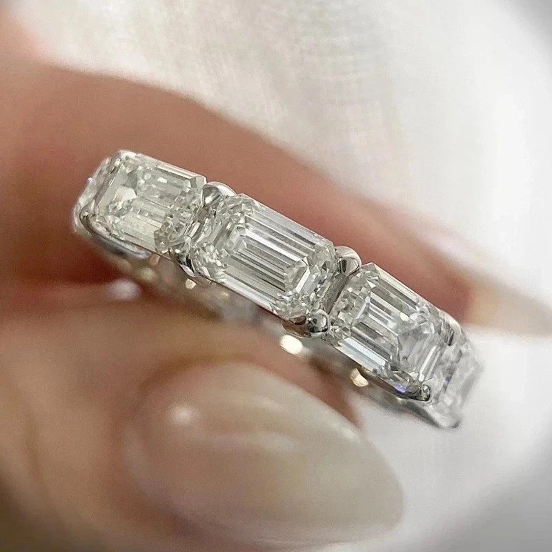 3CT Emerald-Cut Moissanite Full Eternity Wedding Band Ring 14K White Gold Plated