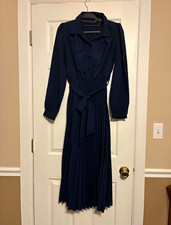 SHEIN Solid Navy Shirt Dress Collared Button Front Pleated Belted Midi M