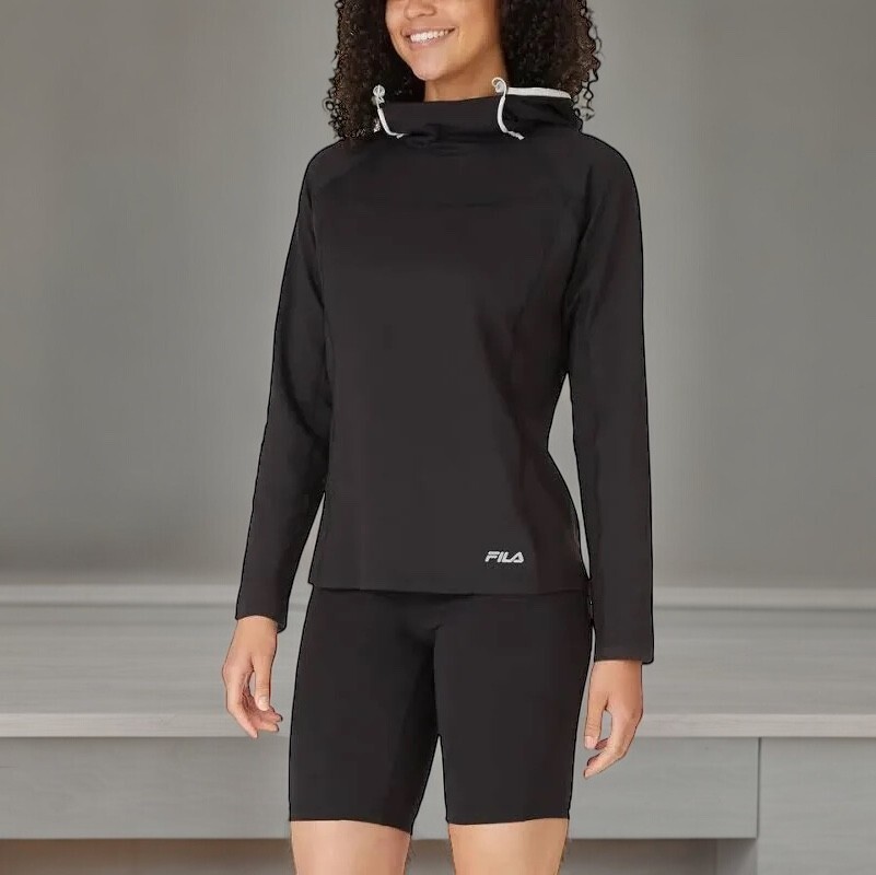 Felpa con cappuccio FILA donna collo imbuto traspirante allenamento attivo nera grande