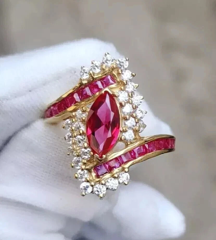 2.50Ct Marquise Cut Ruby Lab Created Diamond 14K Yellow Gold FN Engagement Ring - Image 4 of 4