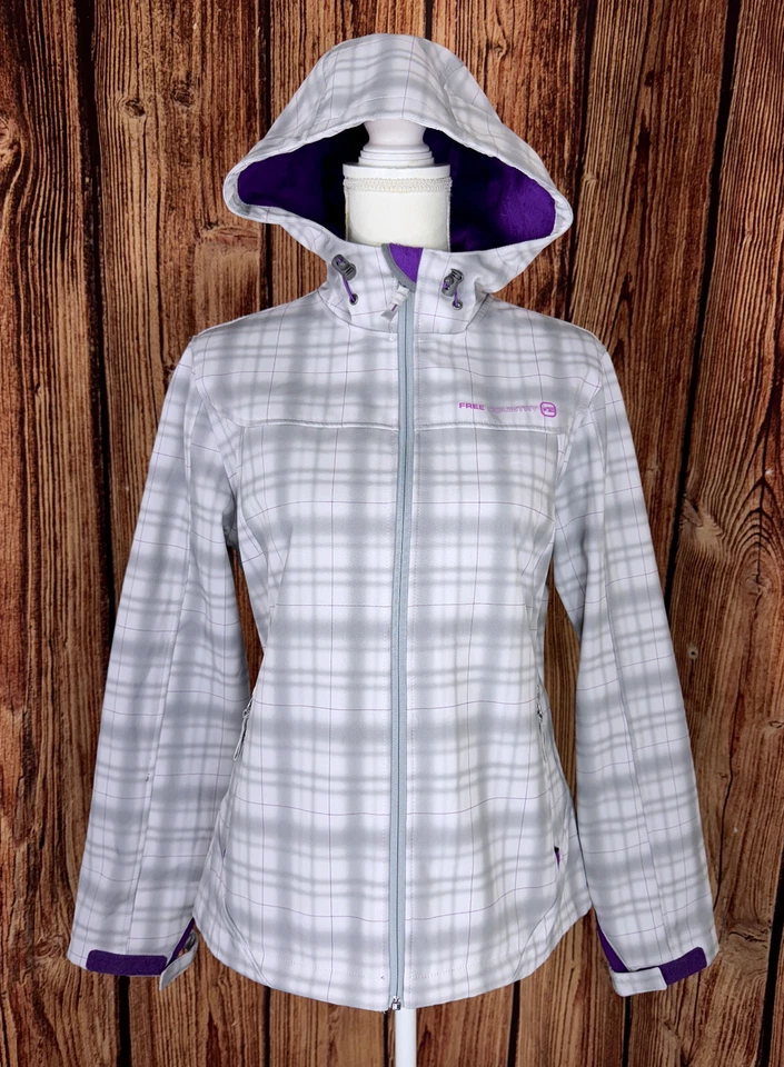 Chaqueta FREE COUNTRY Softshell para mujer M blanca gris a cuadros púrpura forrada de piel sintética Foto 3 de 4