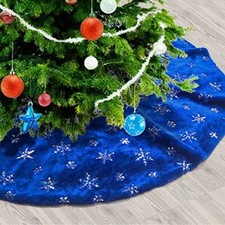 Plush Christmas Tree Skirts Luxury Blue Faux Fur Xmas 30 inches Blue Silver