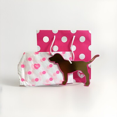 Victorias Secret Pink Polka Dot Gift Bags with Logo Gold Dog and Tissues-Used