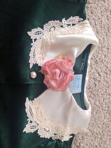Vtg 1980s Special Occasions Green Velvet Girls Sz 7 Dress Lace Collar - Picture 4 of 7