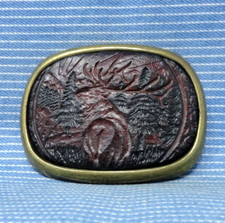 Bull Elk Belt Buckle Hunter Sportsman Cowboy Nature Leather Inlay Vtg 70s.TYC773
