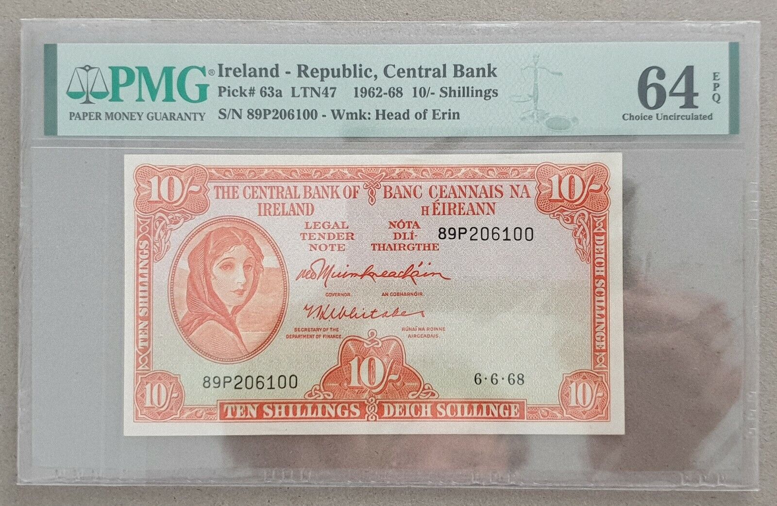 IRELAND 1962~68 10 Shilling P 63 a UNC PMG 64 EPQ