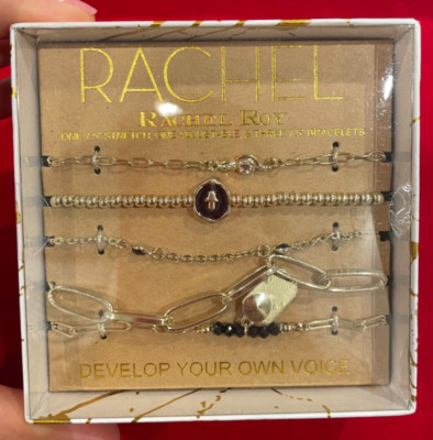 NIB Rachel Roy Gold T Perlenkette Strass Schwarzer Emaille Stretch 5 Armbänder