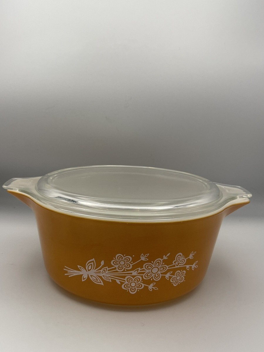 Vintage 70s PYREX 475-B Butterfly Gold QT Casserole Dish W/ Glass Lid