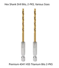 Hex Shank Drill Bits - HSS Titanium - Various Sizes - 2-PACKS - Free Shipping!