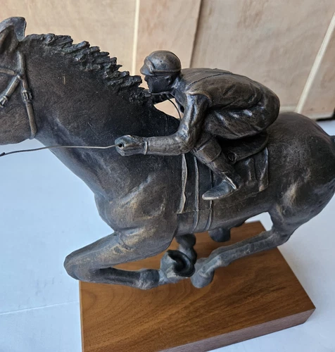 Antique Austin Sanfilippo Bronze Sculpture Race Horse Jockey Statue Wooden Base - Picture 5 of 14