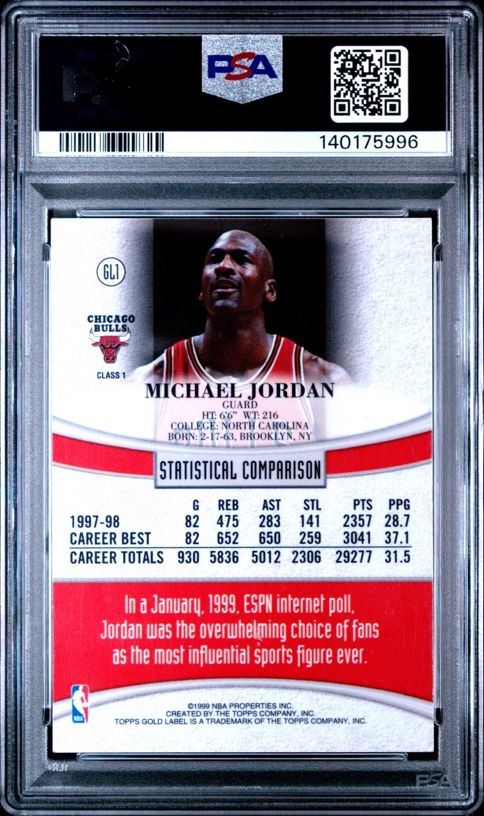 1998 Topps Gold Label Michael Jordan #GL1 PSA 8 Chicago Bulls HOT view 2