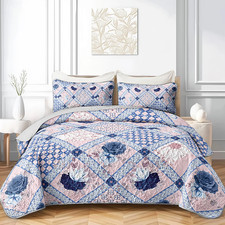 Qoomo Floral Patchwork Quilt Set Full Queen Size 3 Pieces Boho Pink Purple
