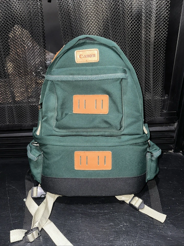 Mochila Profesional Cámara Canon Lona Cuero Verde Viaje Acolchada De Colección Foto 2 de 4