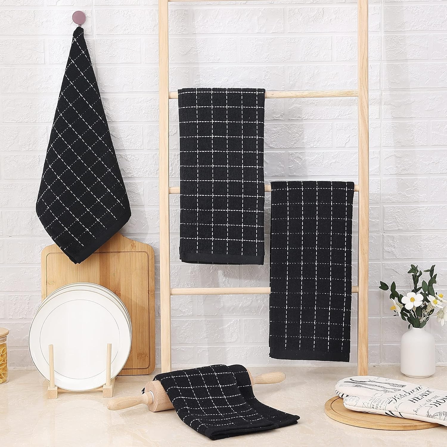 Homaxy 100% Cotton Terry Kitchen Towels(Black, 13 x 28 inche