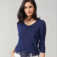 J. McLaughlin Callum Pullover Sweater V Neck M Navy Havana Knit Breathable