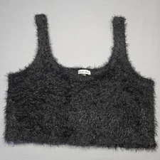 Derek Heart Black Fuzzy Crop Top Tank Halter Stretch Scoop Neck Women's Size L