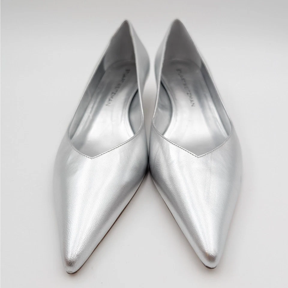 Stuart Weitzman Stuart Metallic Leather Kitten Heel Pumps Silver Size US9.5B  - Image 2 of 4