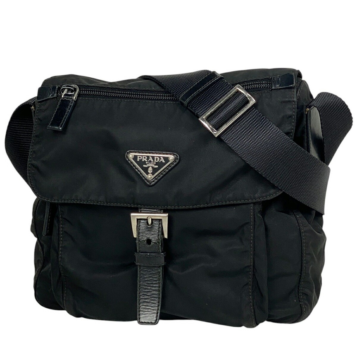 Prada Nylon Shoulder Bag with Logo Plate in Black for Women