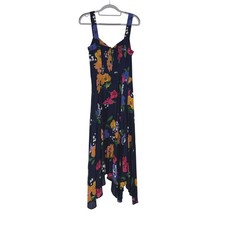Maeve Anthropologie Smocked Floral Midi Dress Navy Blue Orange Yellow