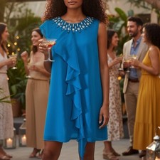 Y2K Bebe M Teal Blue Lined Beaded Asymetrical Ruffle Chiffon Dress Mermaidcore