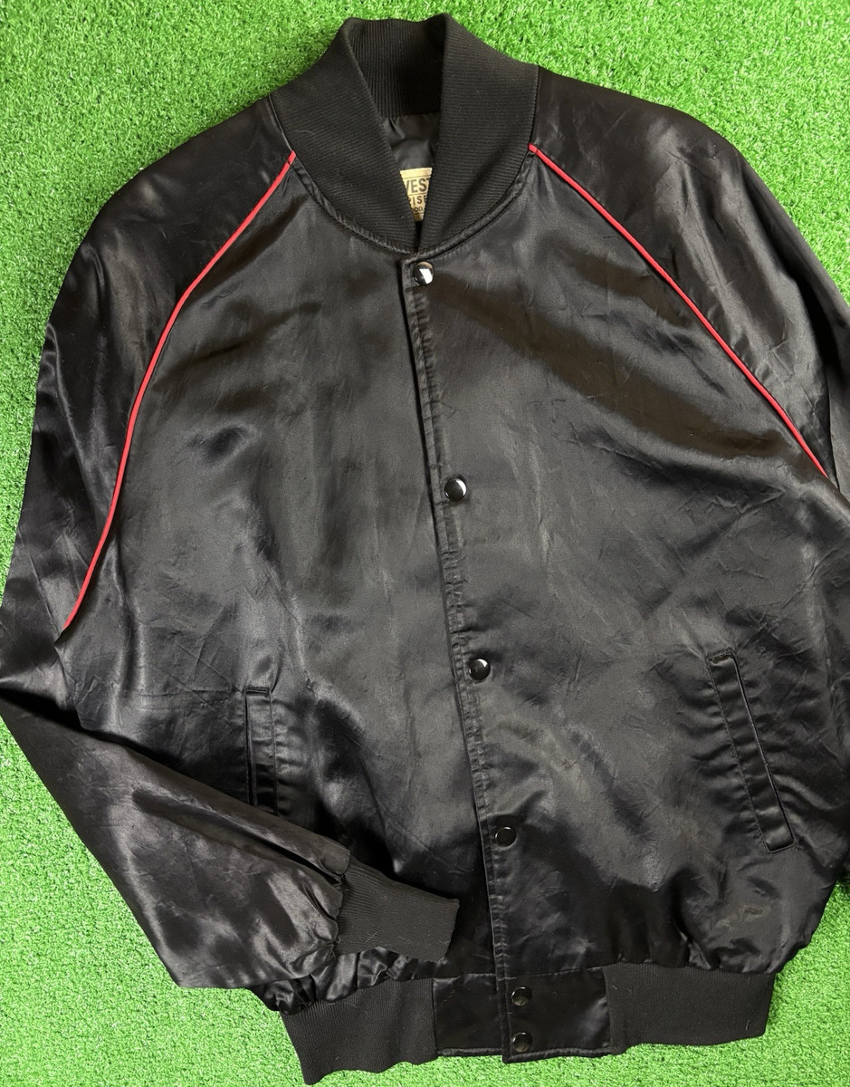 Vintage 80s East West MSNBC Large Black Satin Bomber Jacket Vintage 80s East West MSNBC Large Black Satin Bomber Jacket