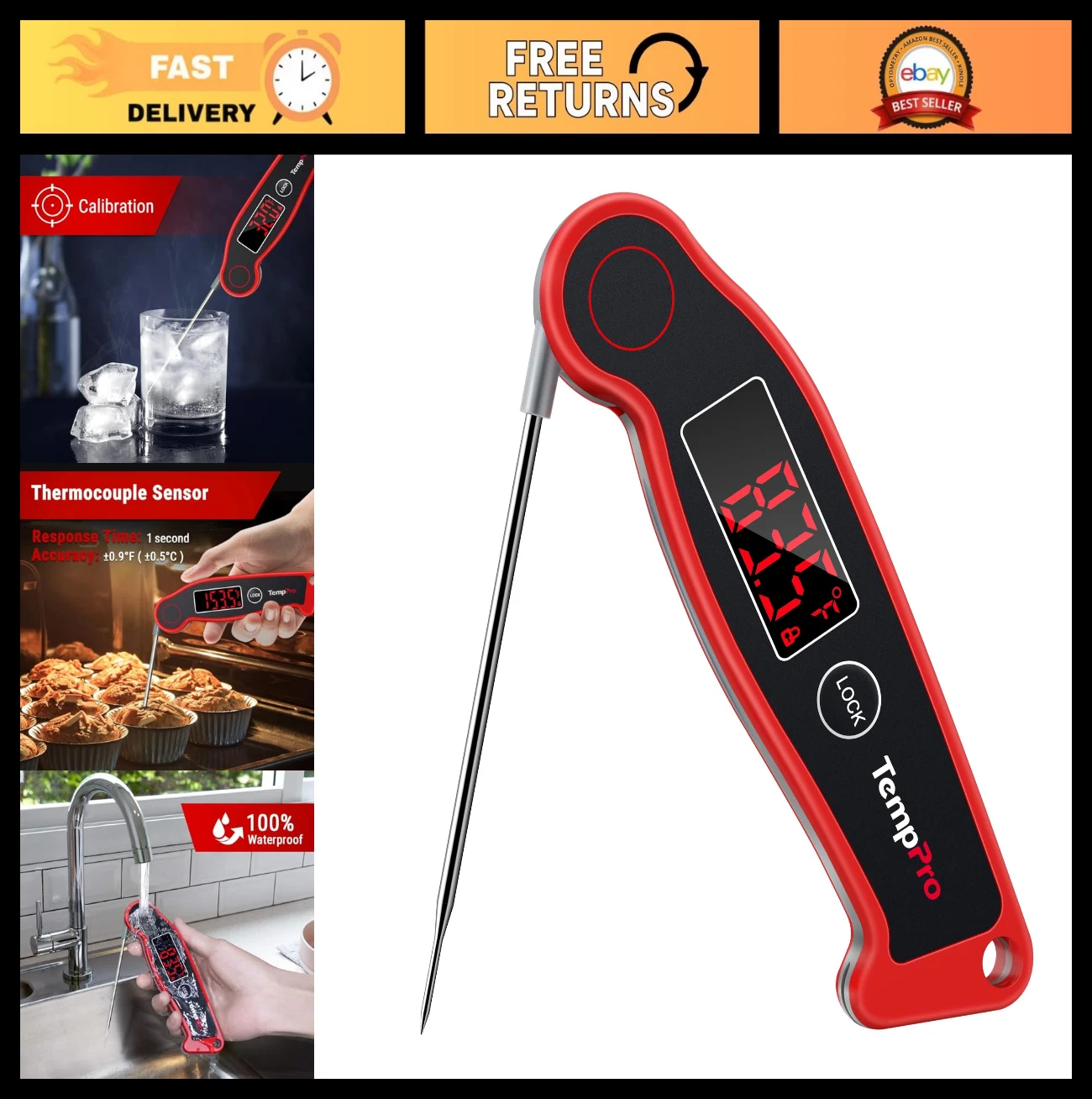 Waterproof Digital Meat Thermometer - Instant Read Kitchen Cooking BBQ Tool, Bac